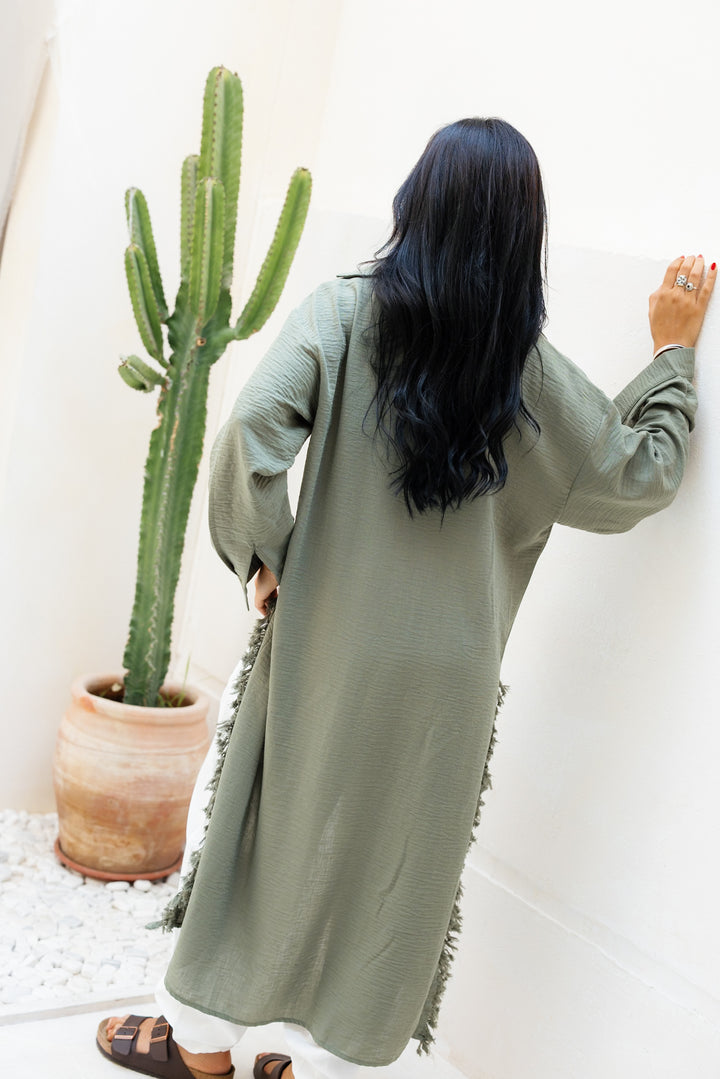 Fringed Sided Shirt in Dark Olive