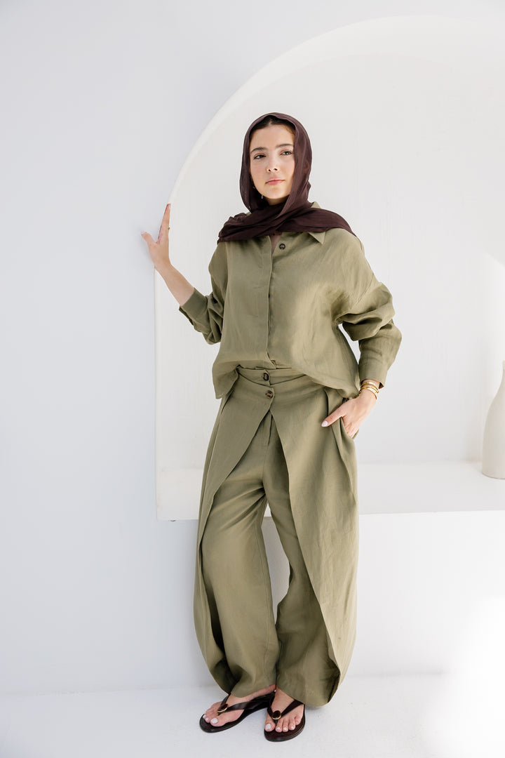 Double Buttoned Linen Pants - Olive