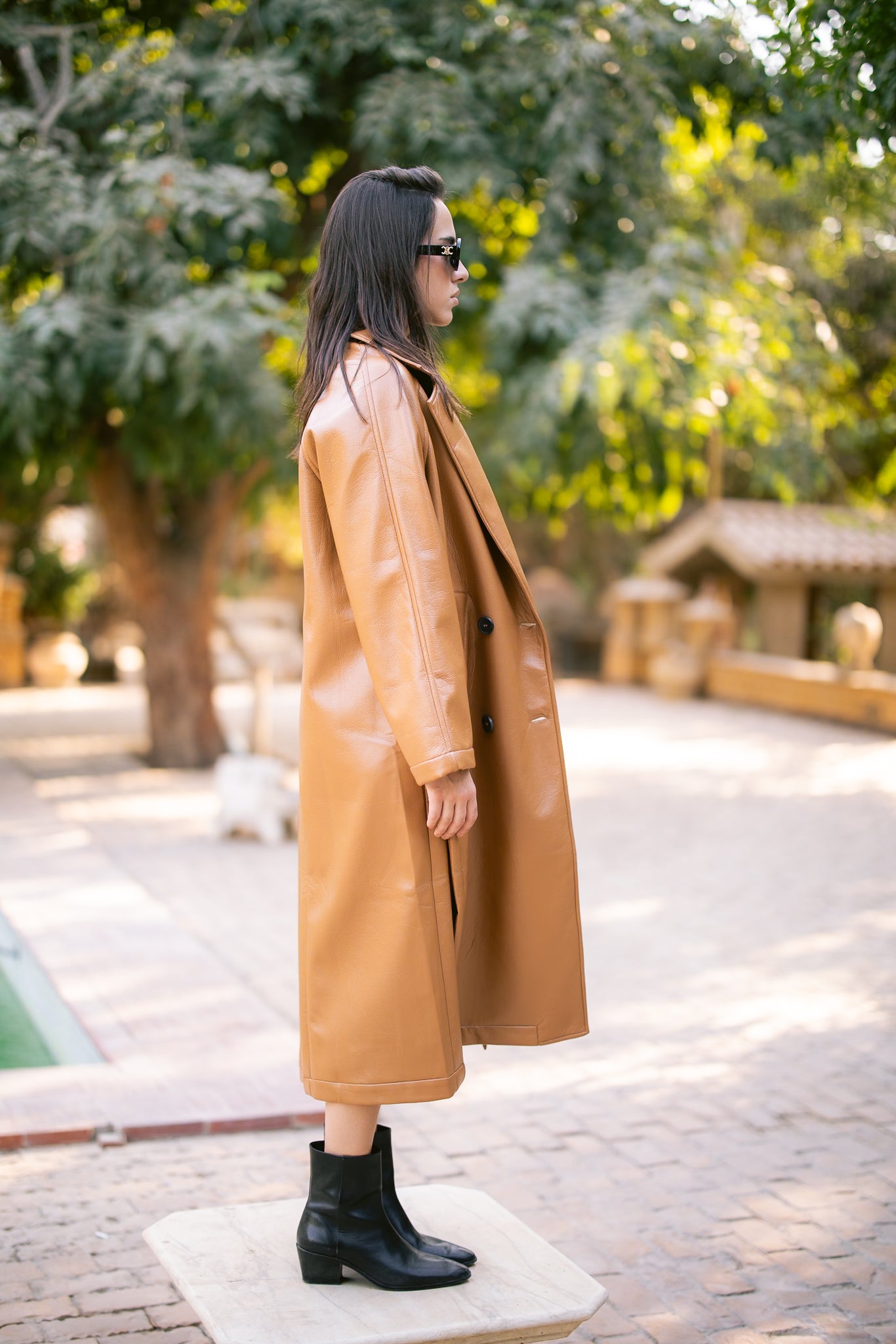 Double-Breasted Leather Coat - Camel