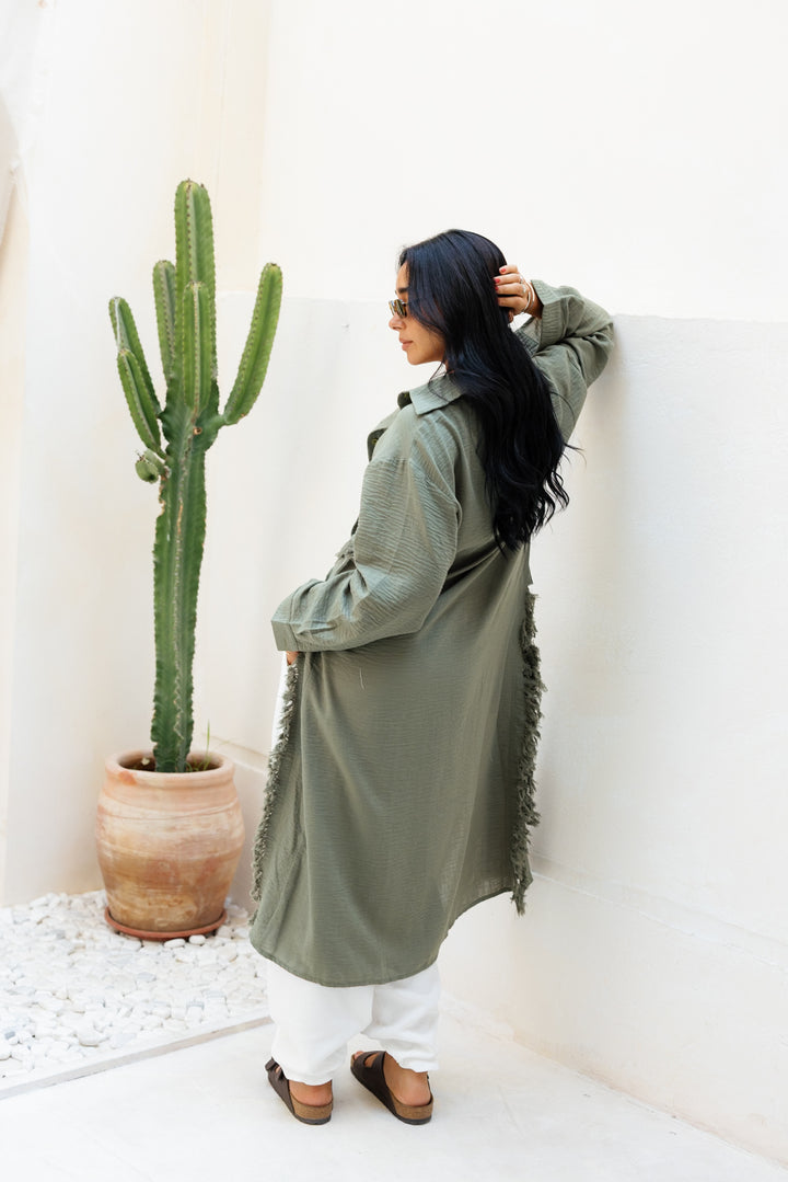 Fringed Sided Shirt in Dark Olive