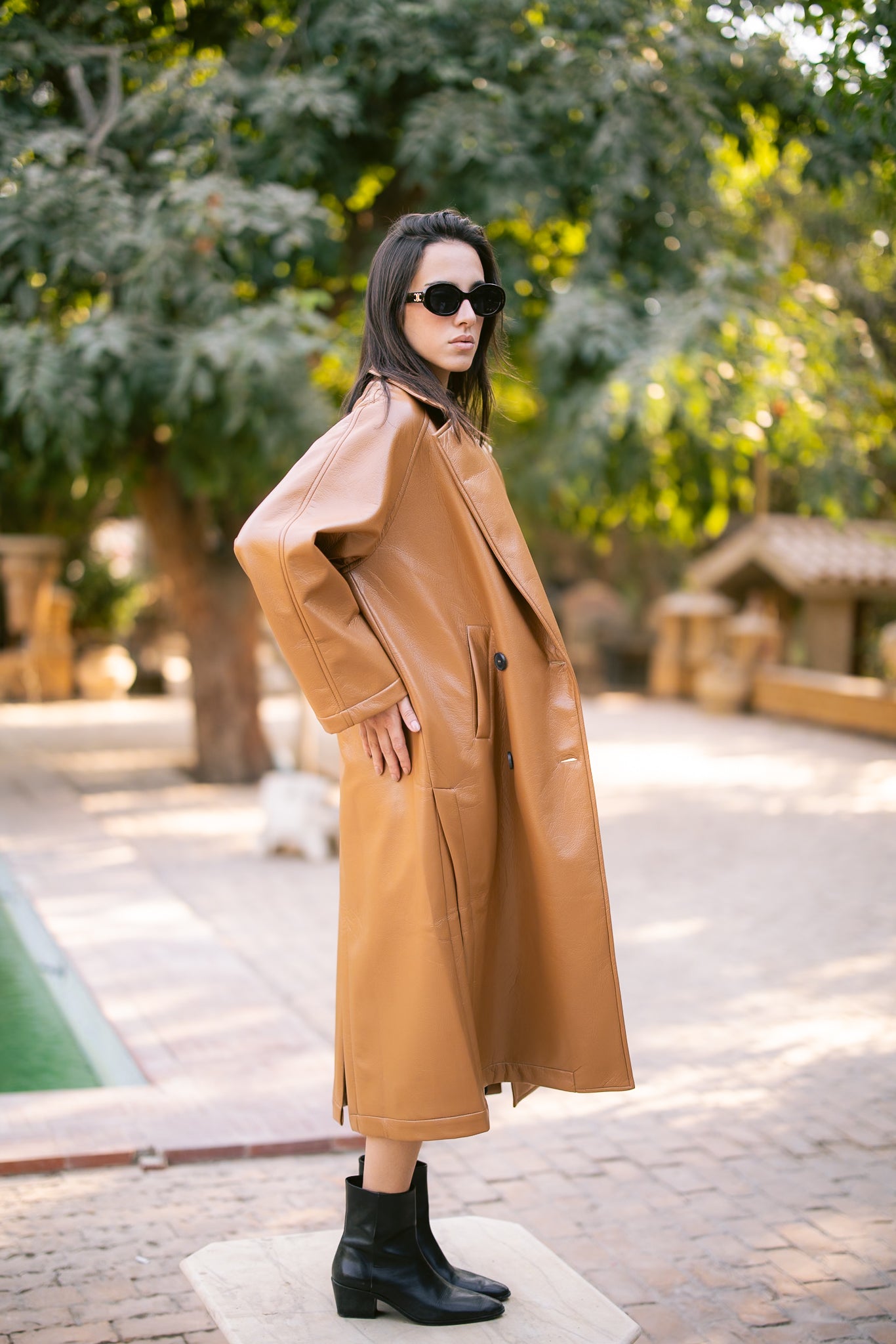 Double-Breasted Leather Coat - Camel