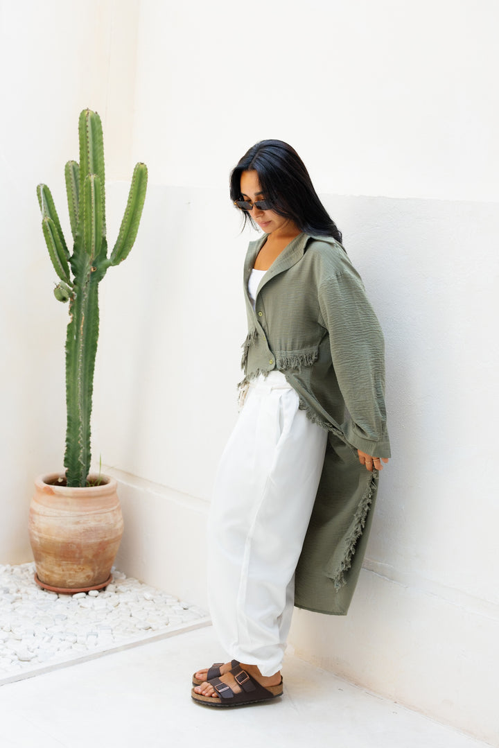 Fringed Sided Shirt in Dark Olive