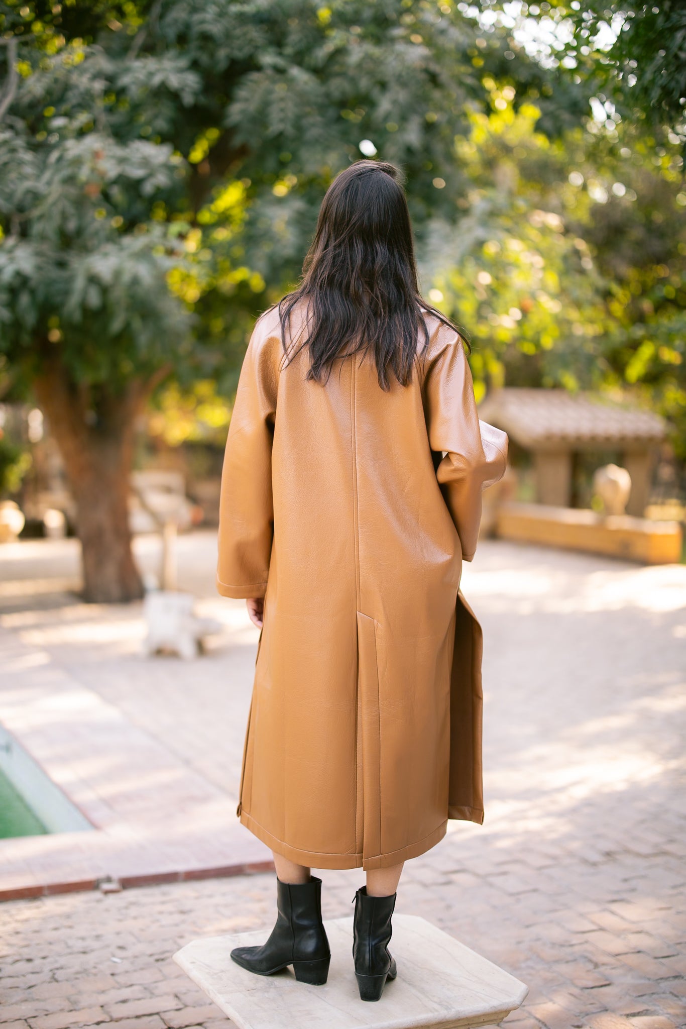 Double-Breasted Leather Coat - Camel