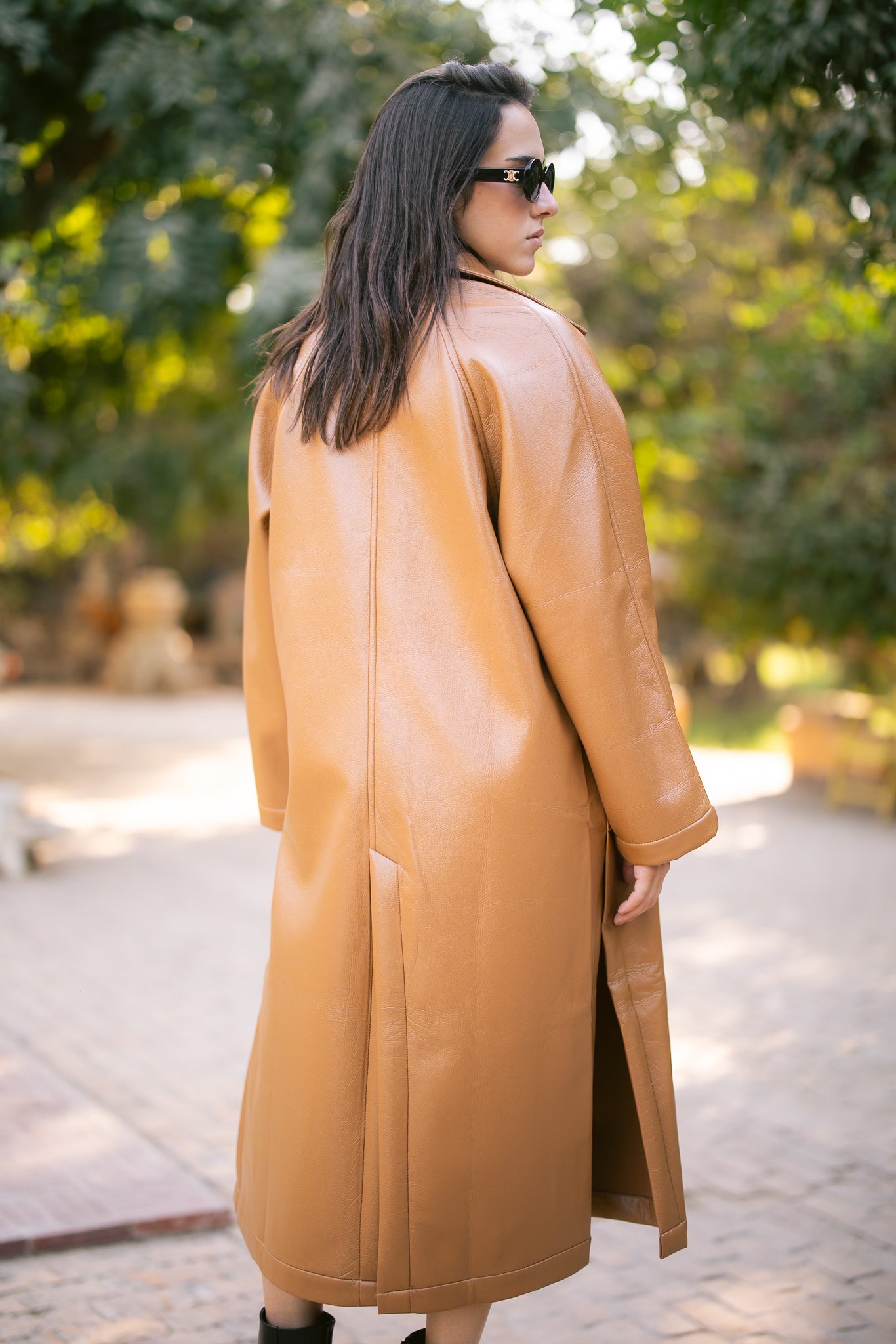 Double-Breasted Leather Coat - Camel