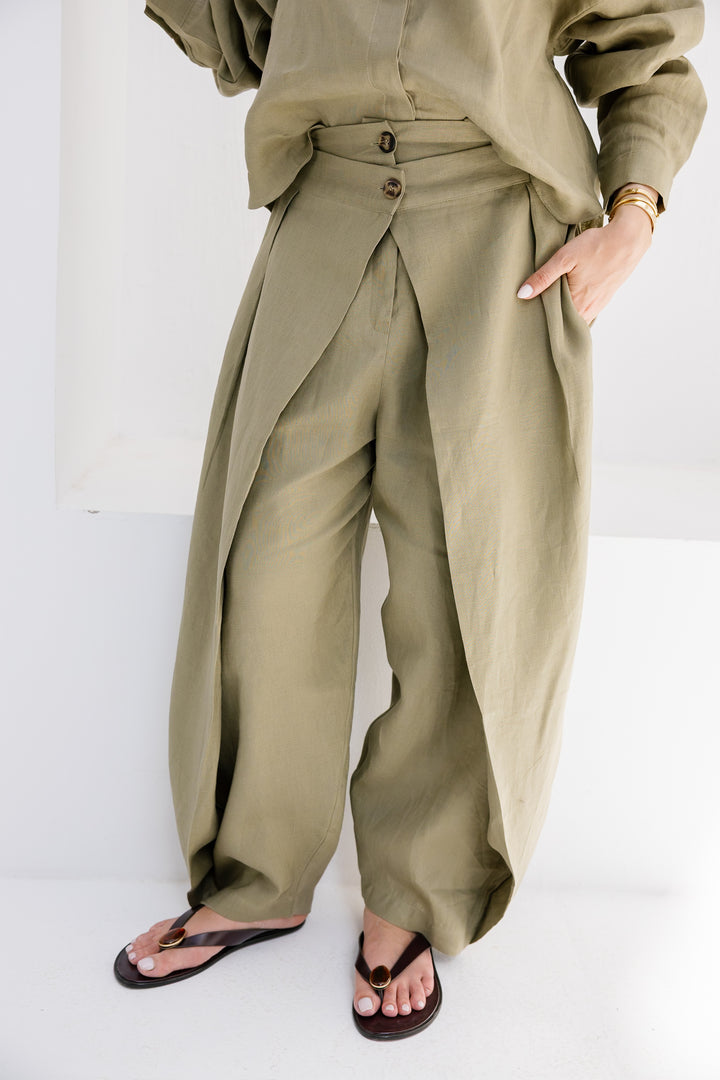 Double Buttoned Linen Pants - Olive