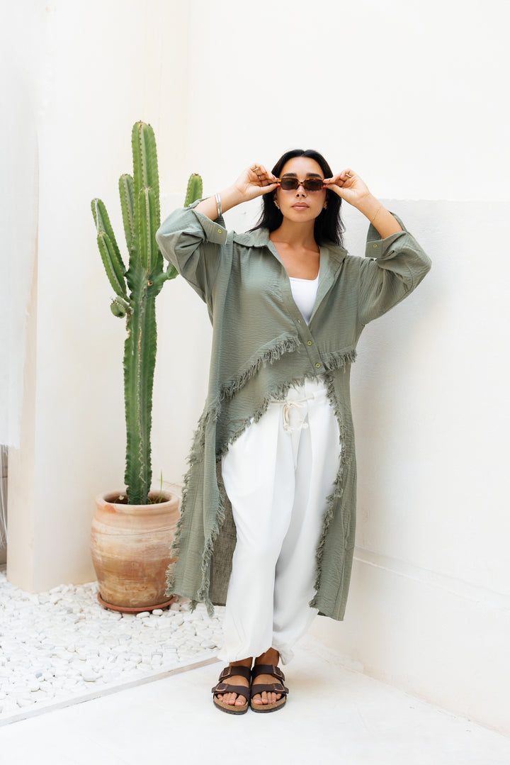 Fringed Sided Shirt in Dark Olive