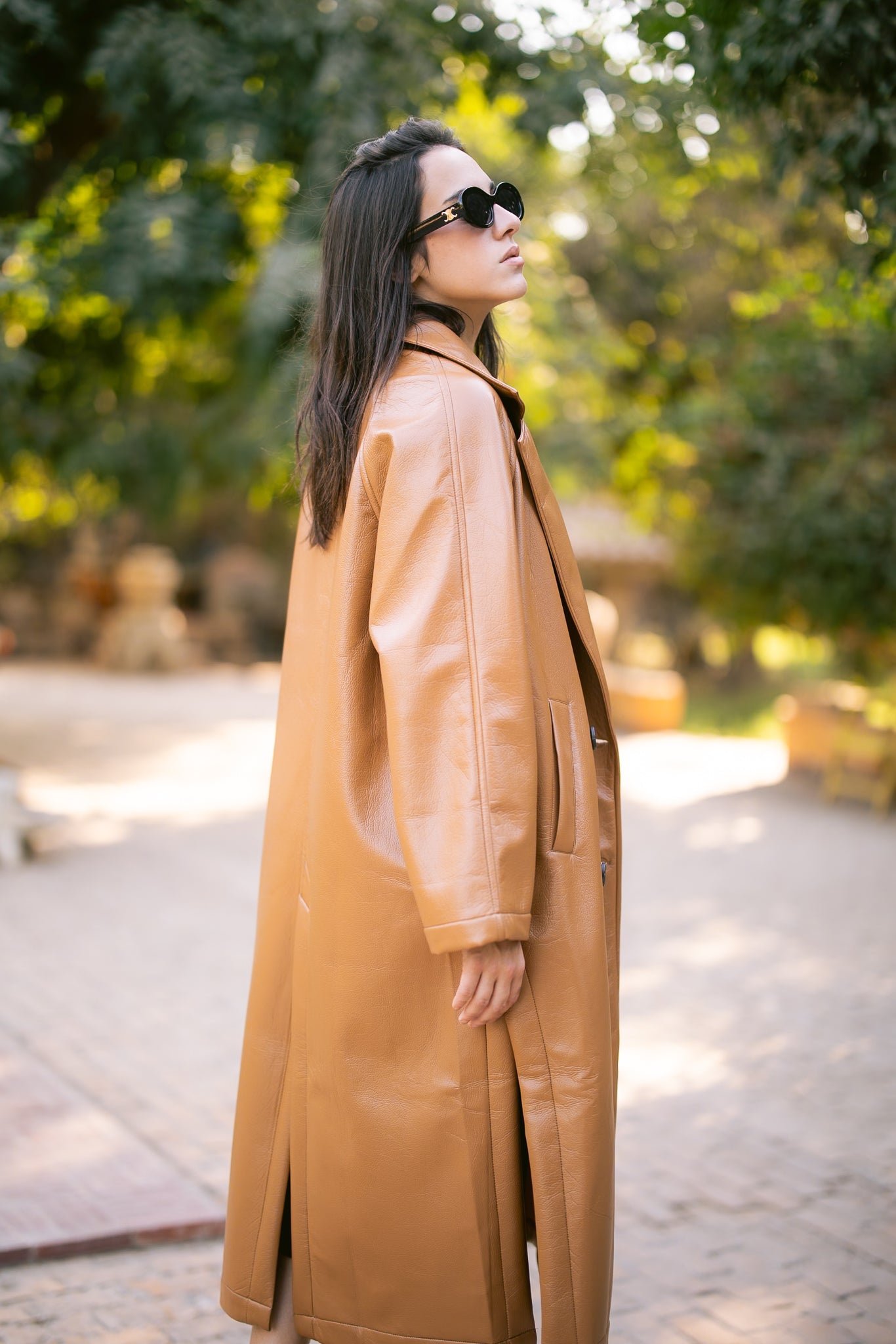 Double-Breasted Leather Coat - Camel