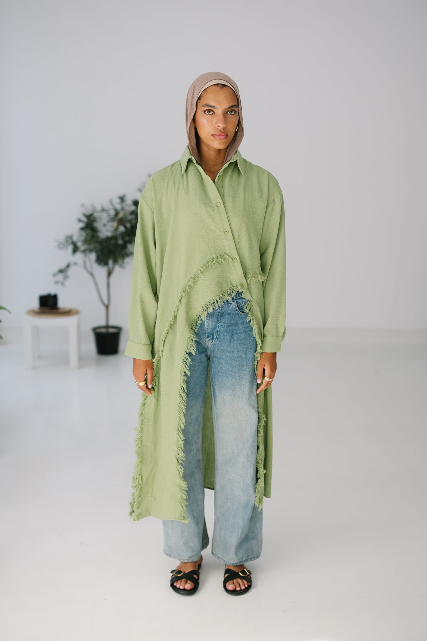 Fringed Sided Shirt in Olive "New Color"