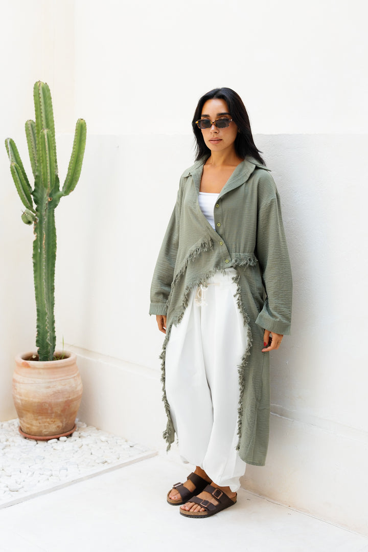 Fringed Sided Shirt in Dark Olive