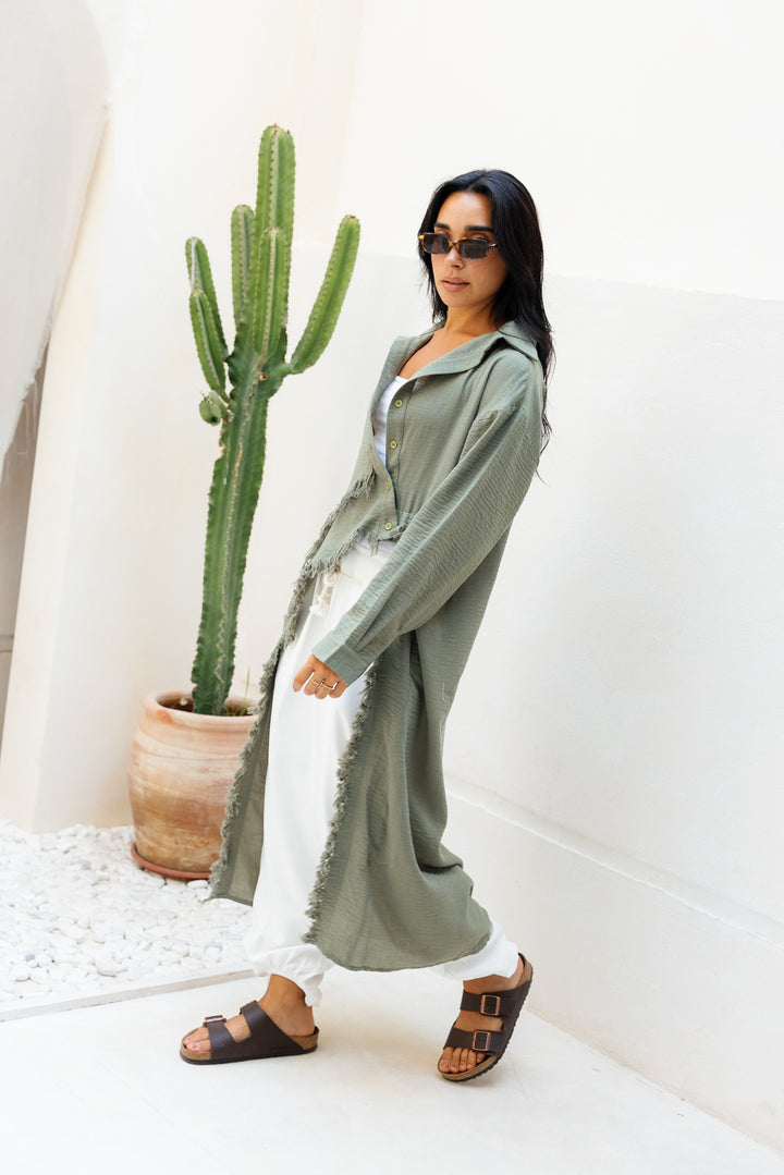 Fringed Sided Shirt in Dark Olive