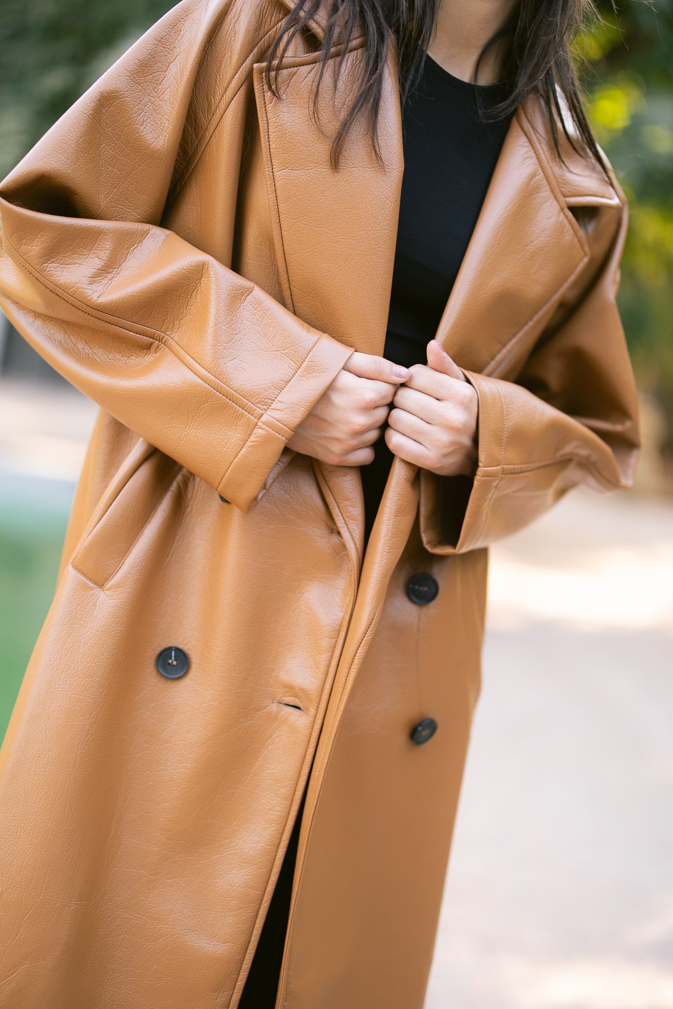 Double-Breasted Leather Coat - Camel