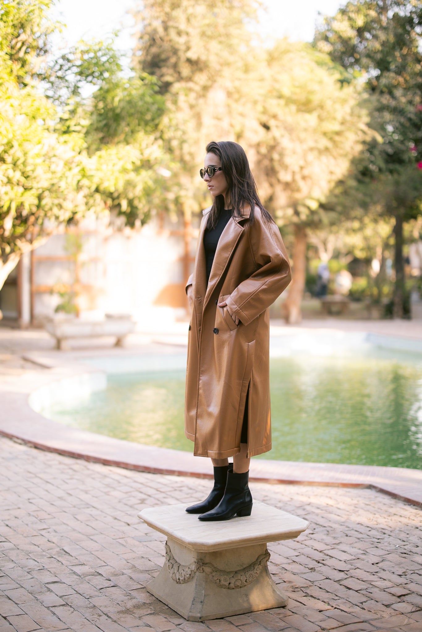 Double-Breasted Leather Coat - Camel