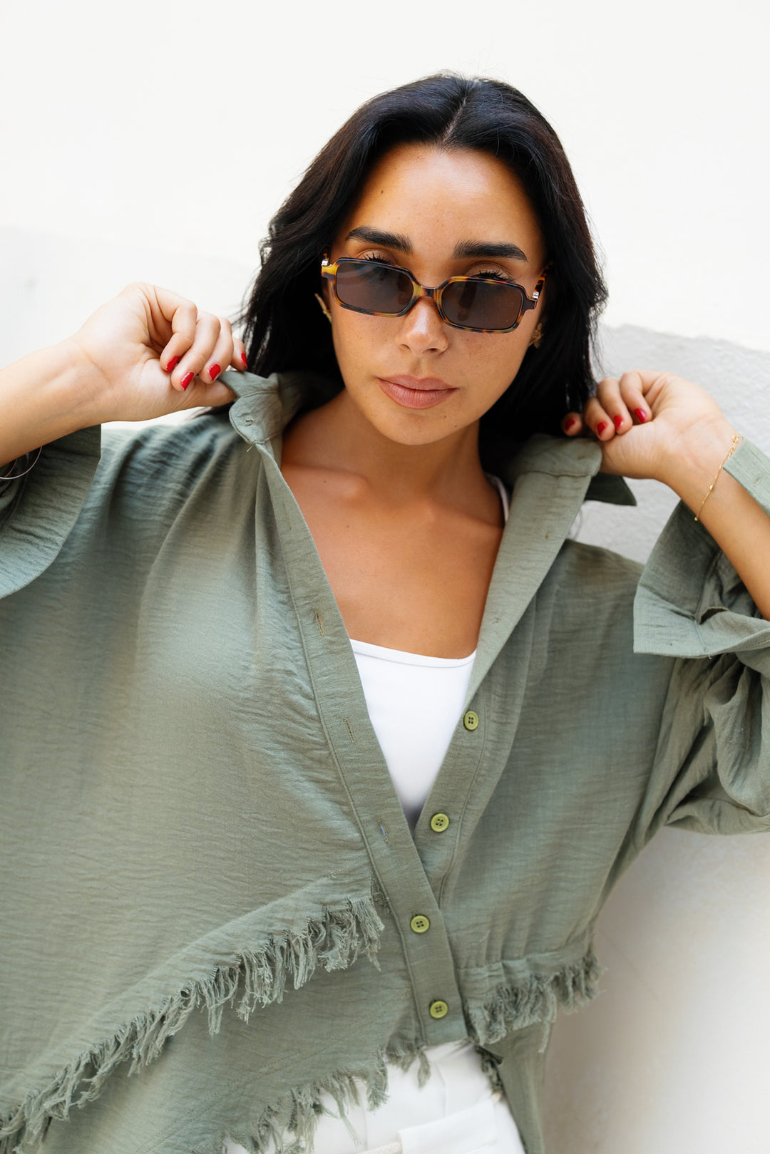 Fringed Sided Shirt in Dark Olive