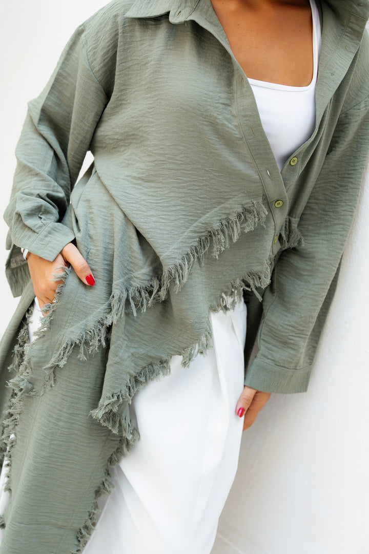 Fringed Sided Shirt in Dark Olive