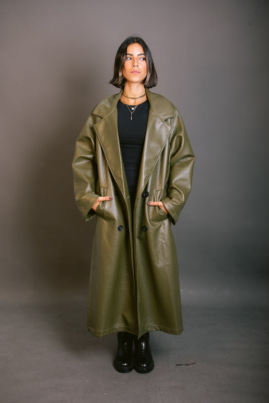 Double-Breasted Leather Coat - Olive