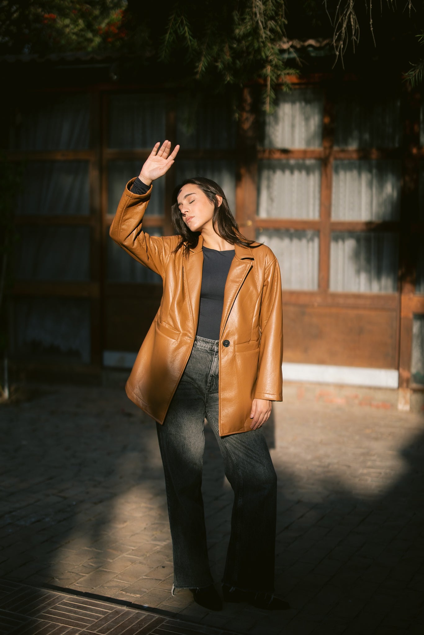 Tailored Leather Blazer - Camel