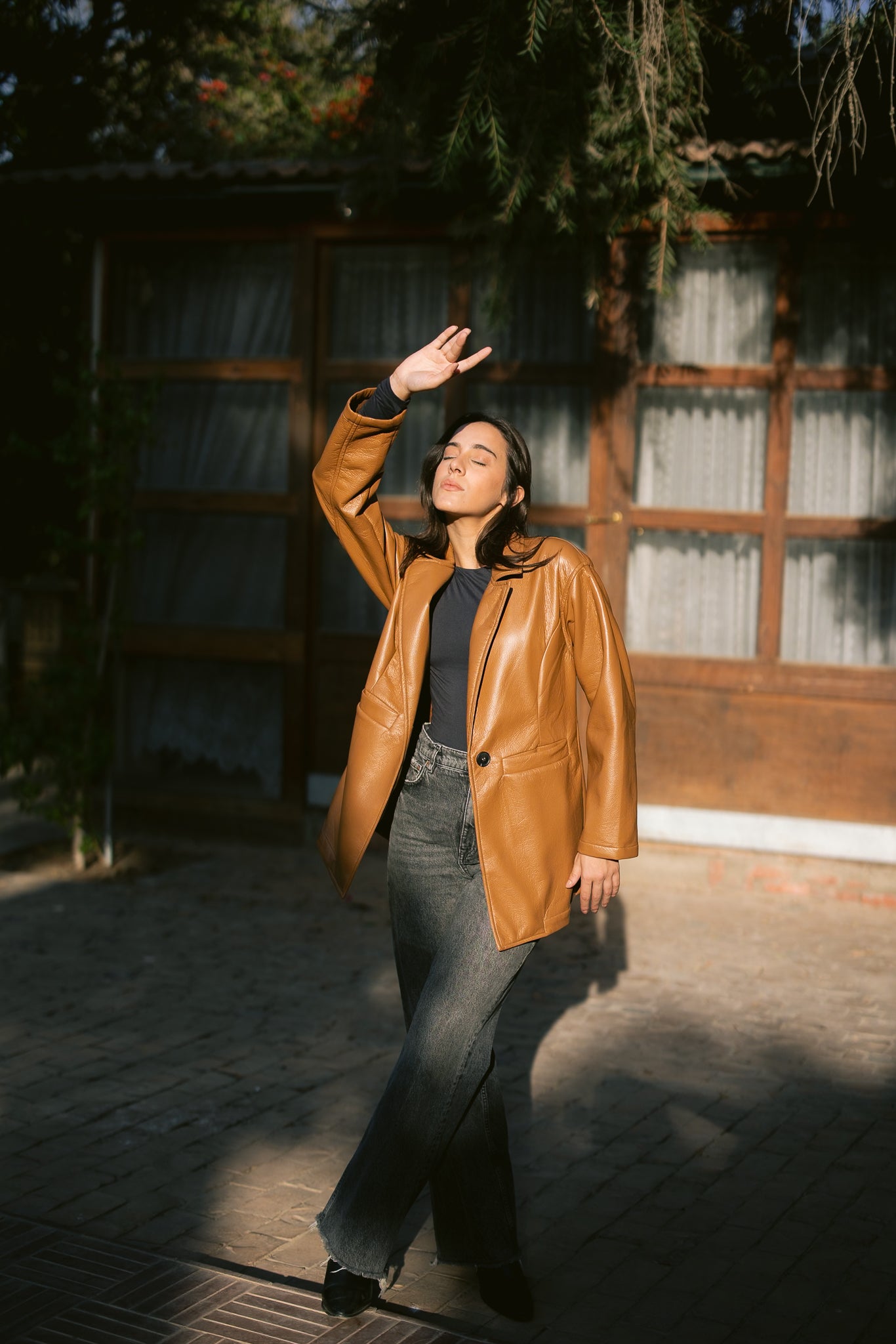 Tailored Leather Blazer - Camel