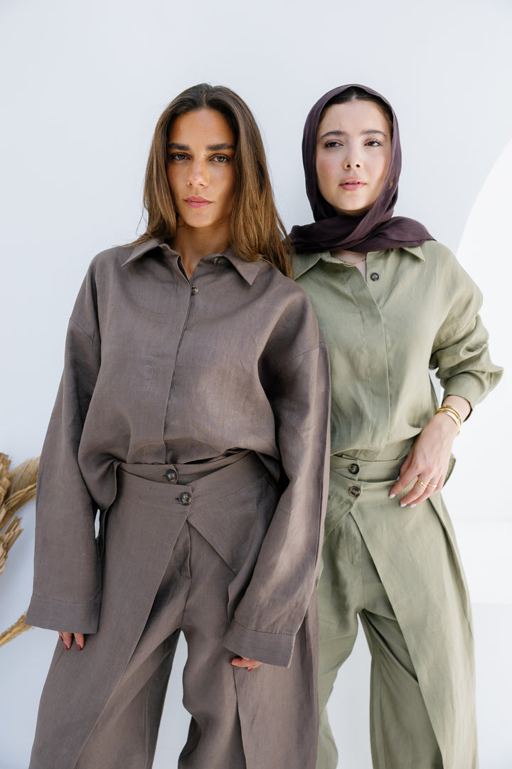 Double Buttoned Linen Pants - Brown
