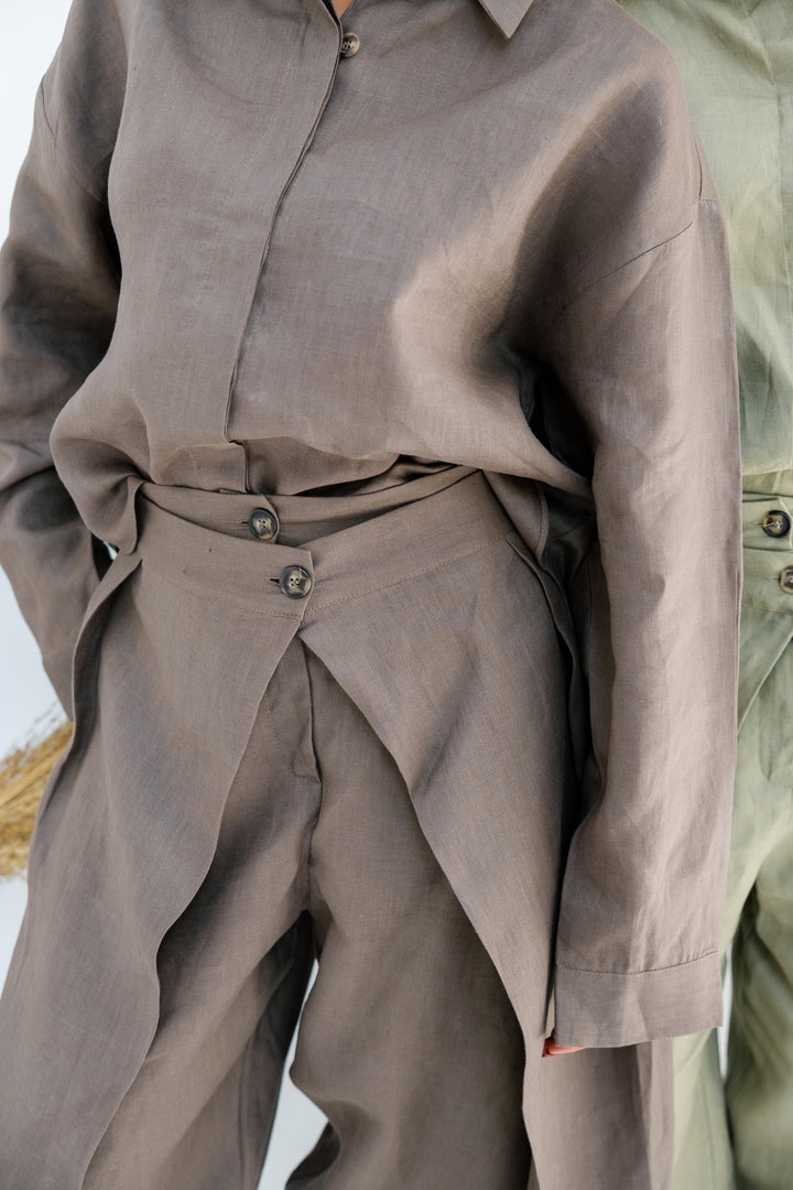 Double Buttoned Linen Pants - Brown