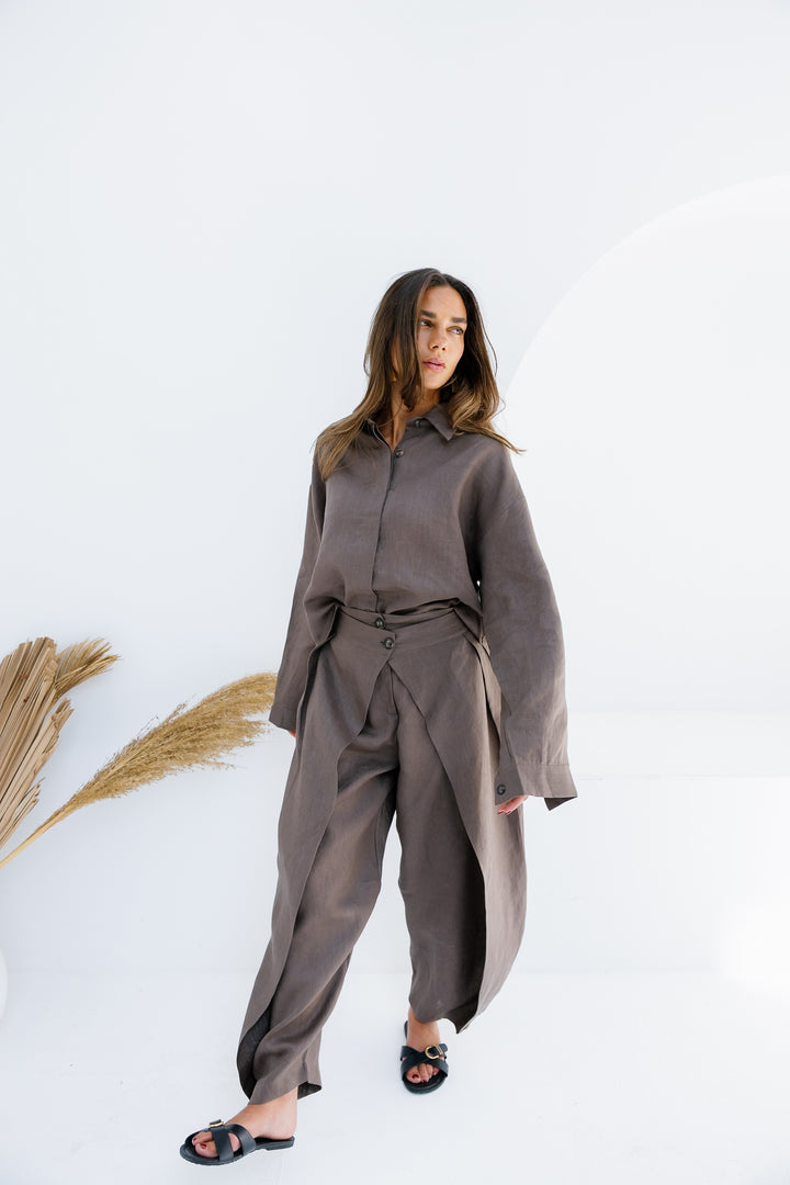 Double Buttoned Linen Pants - Brown