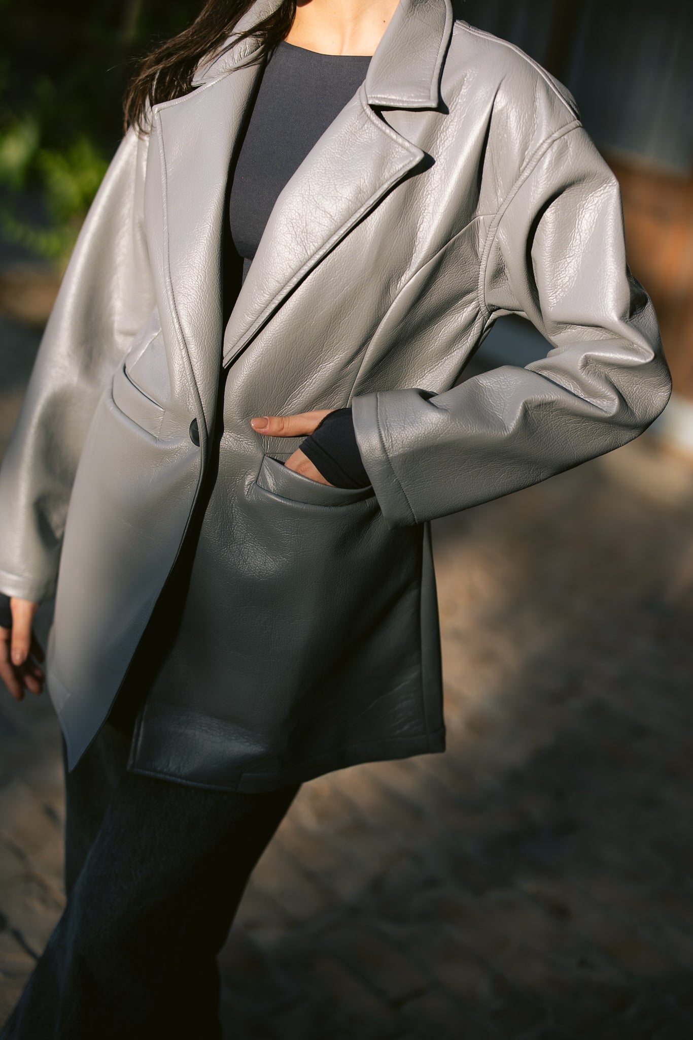 Tailored Leather Blazer - Grey