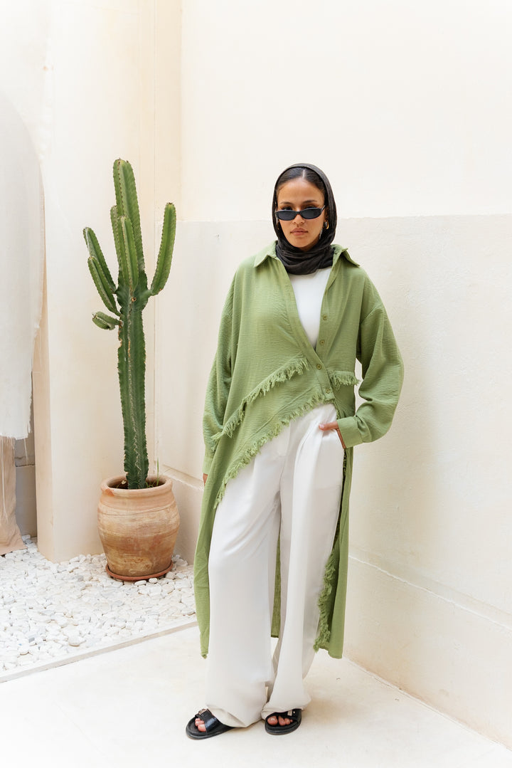 Fringed Sided Shirt in Sage