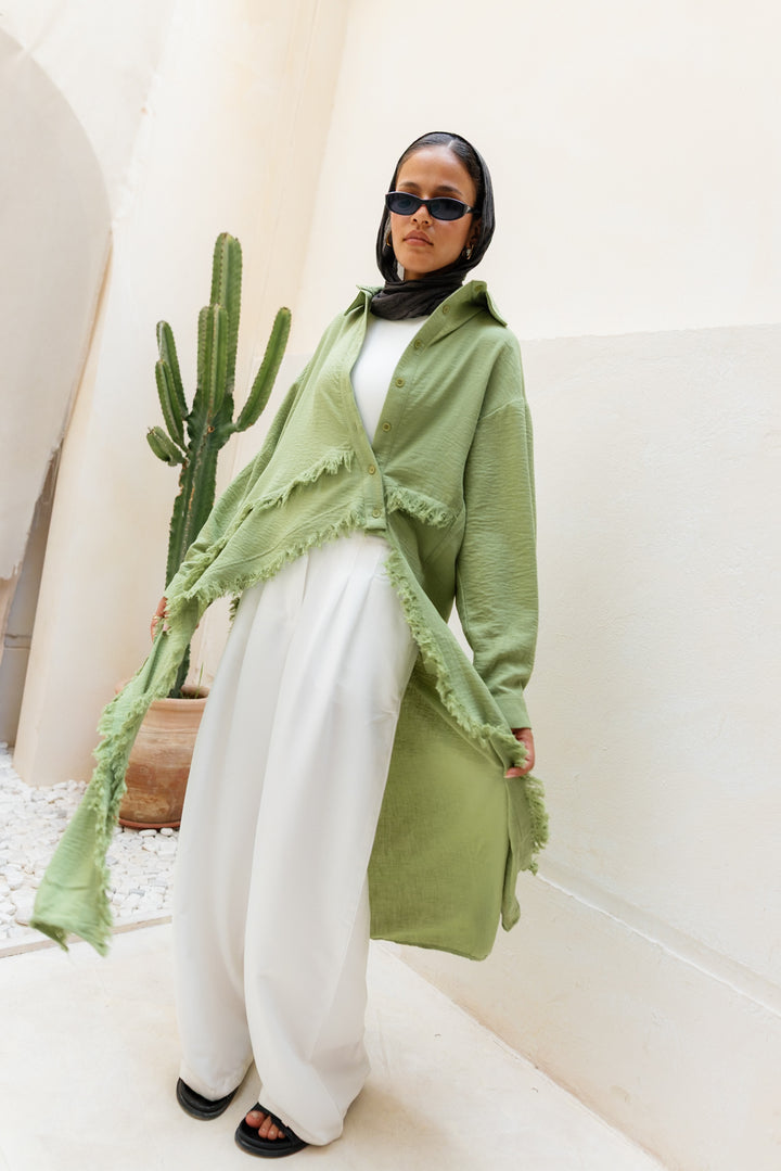 Fringed Sided Shirt in Sage