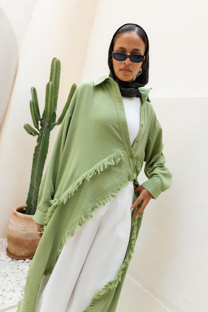 Fringed Sided Shirt in Sage