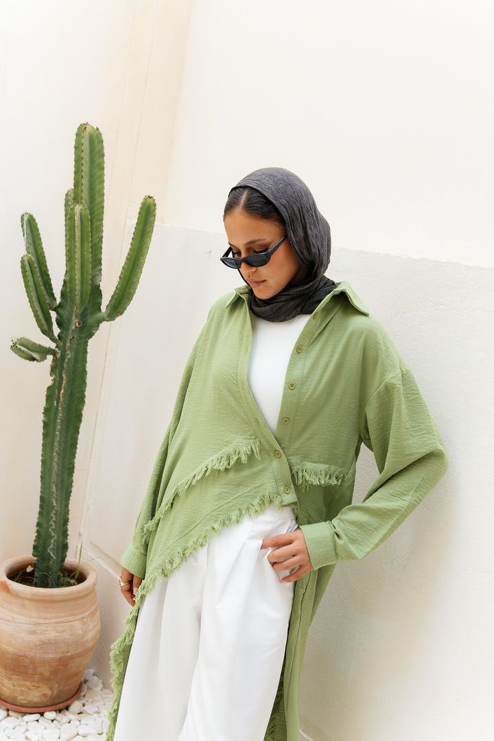 Fringed Sided Shirt in Sage