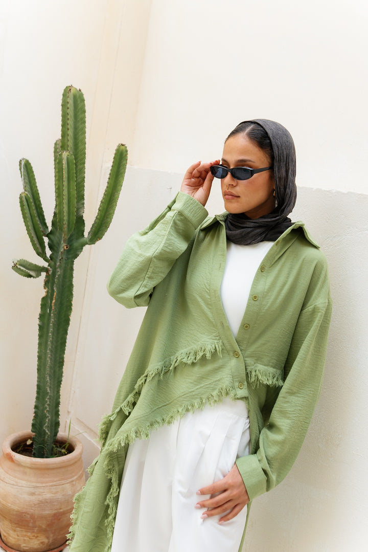 Fringed Sided Shirt in Sage