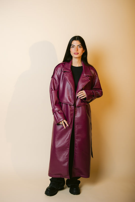 Leather Trench Coat - Burgundy