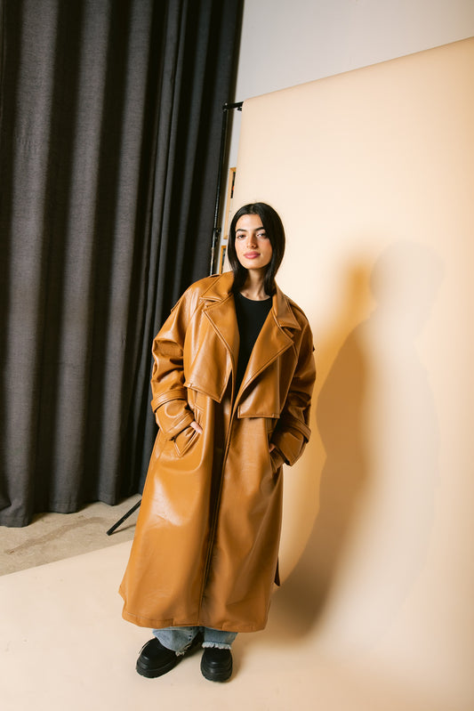 Leather Trench Coat - Camel