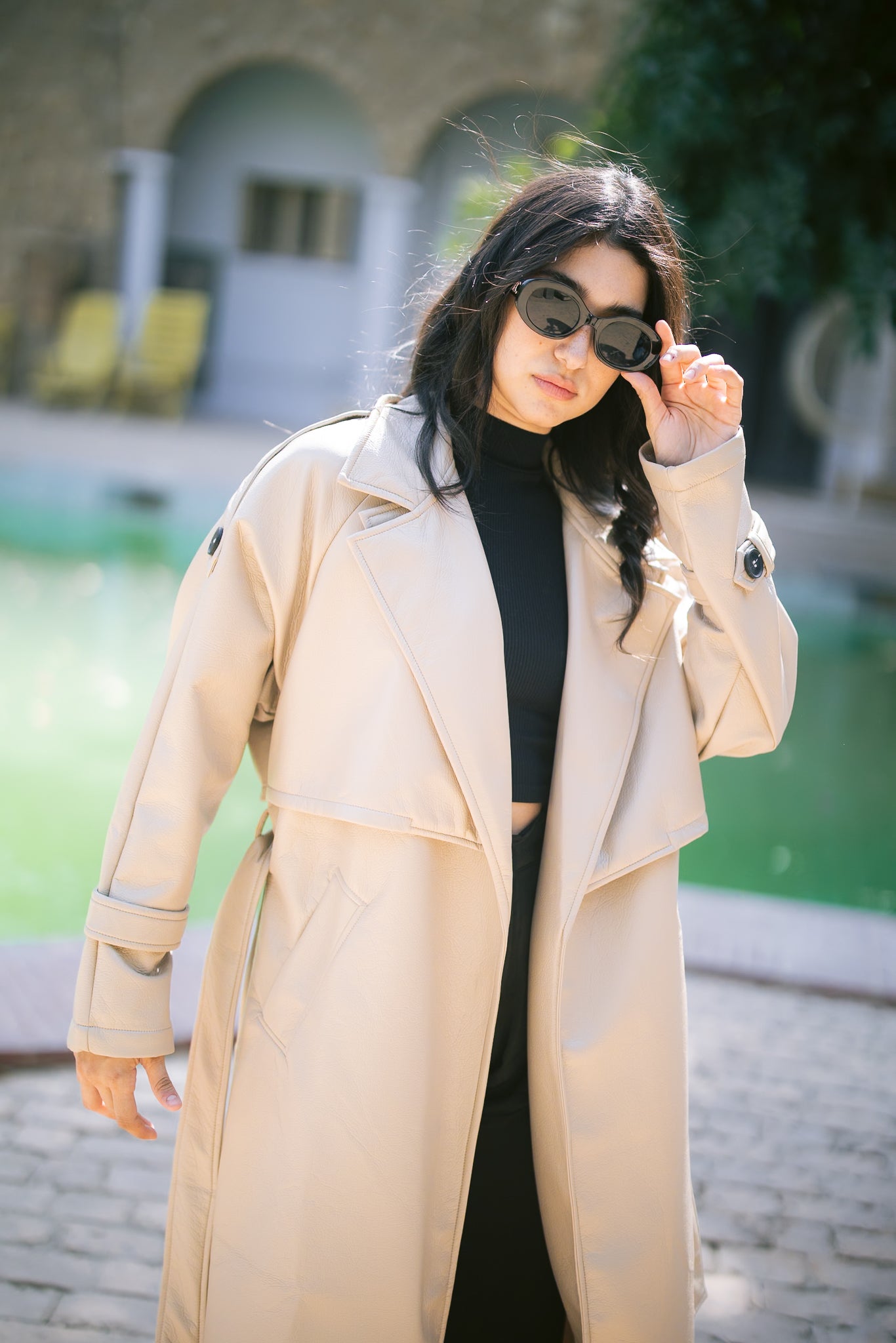 Leather Trench Coat - Beige