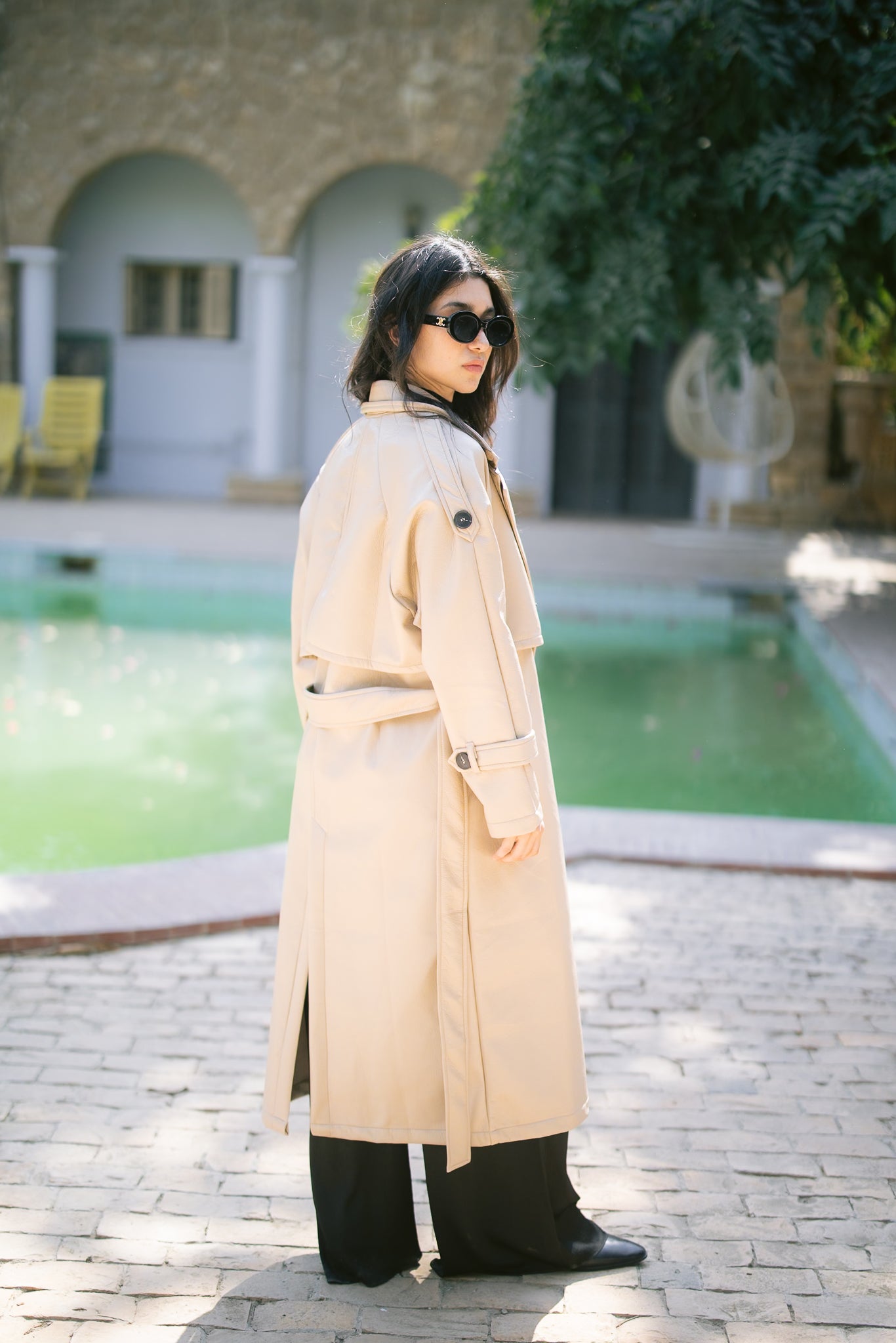 Leather Trench Coat - Beige