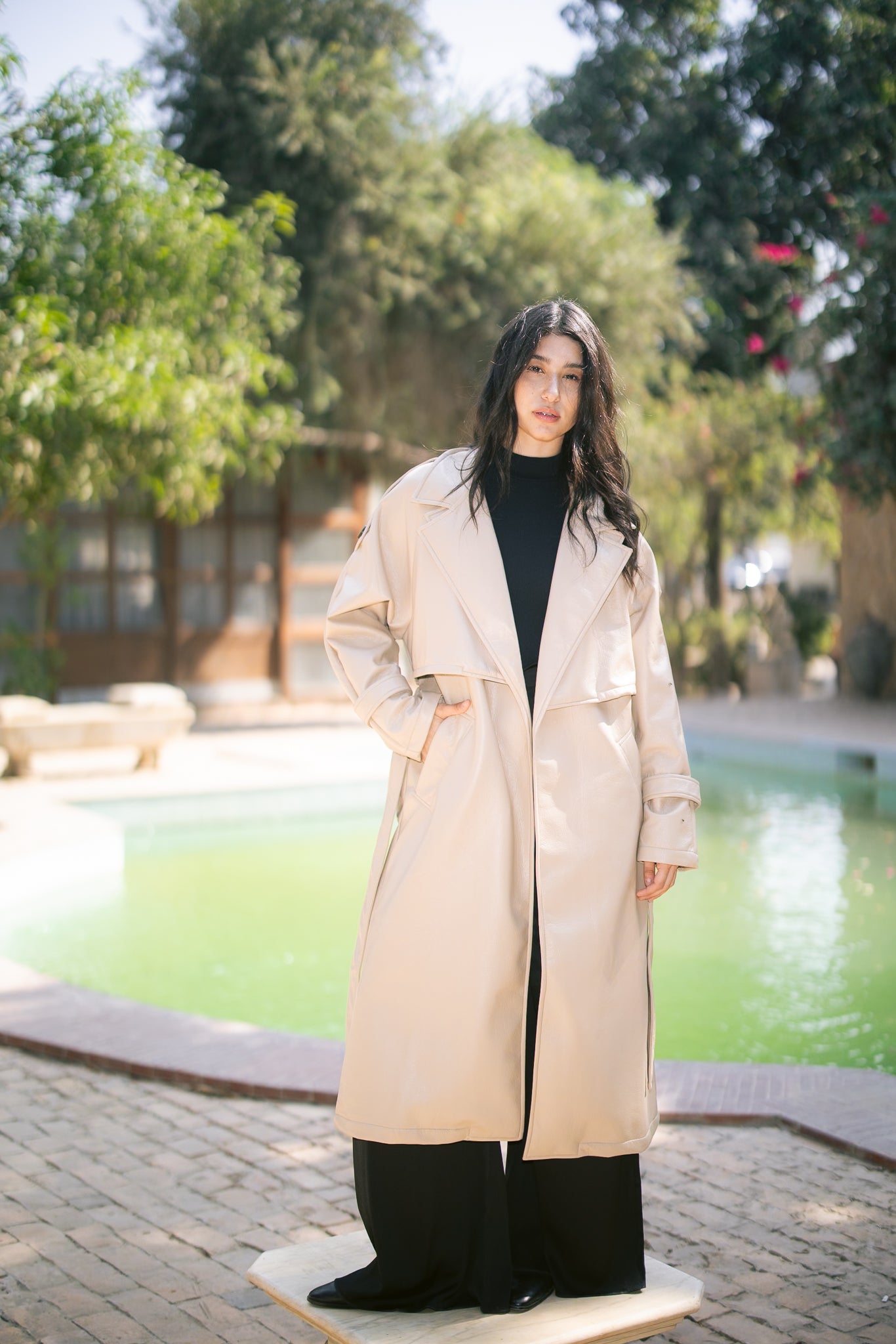 Leather Trench Coat - Beige