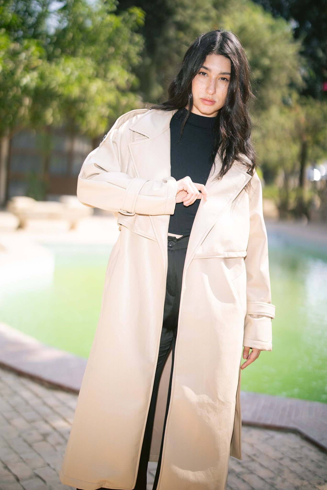 Leather Trench Coat - Beige