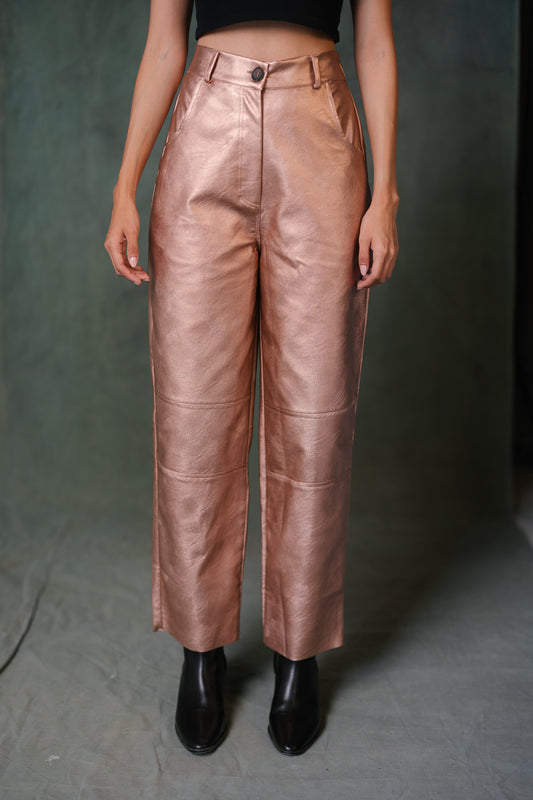 Faux Leather Straight Pants - Rose Gold