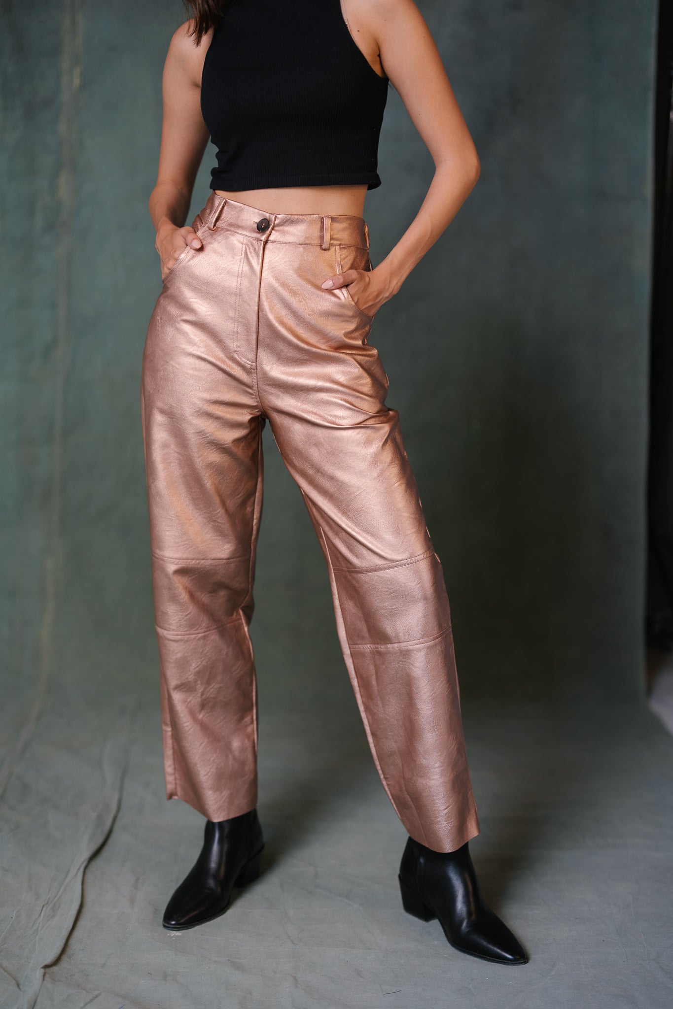 Faux Leather Straight Pants - Rose Gold