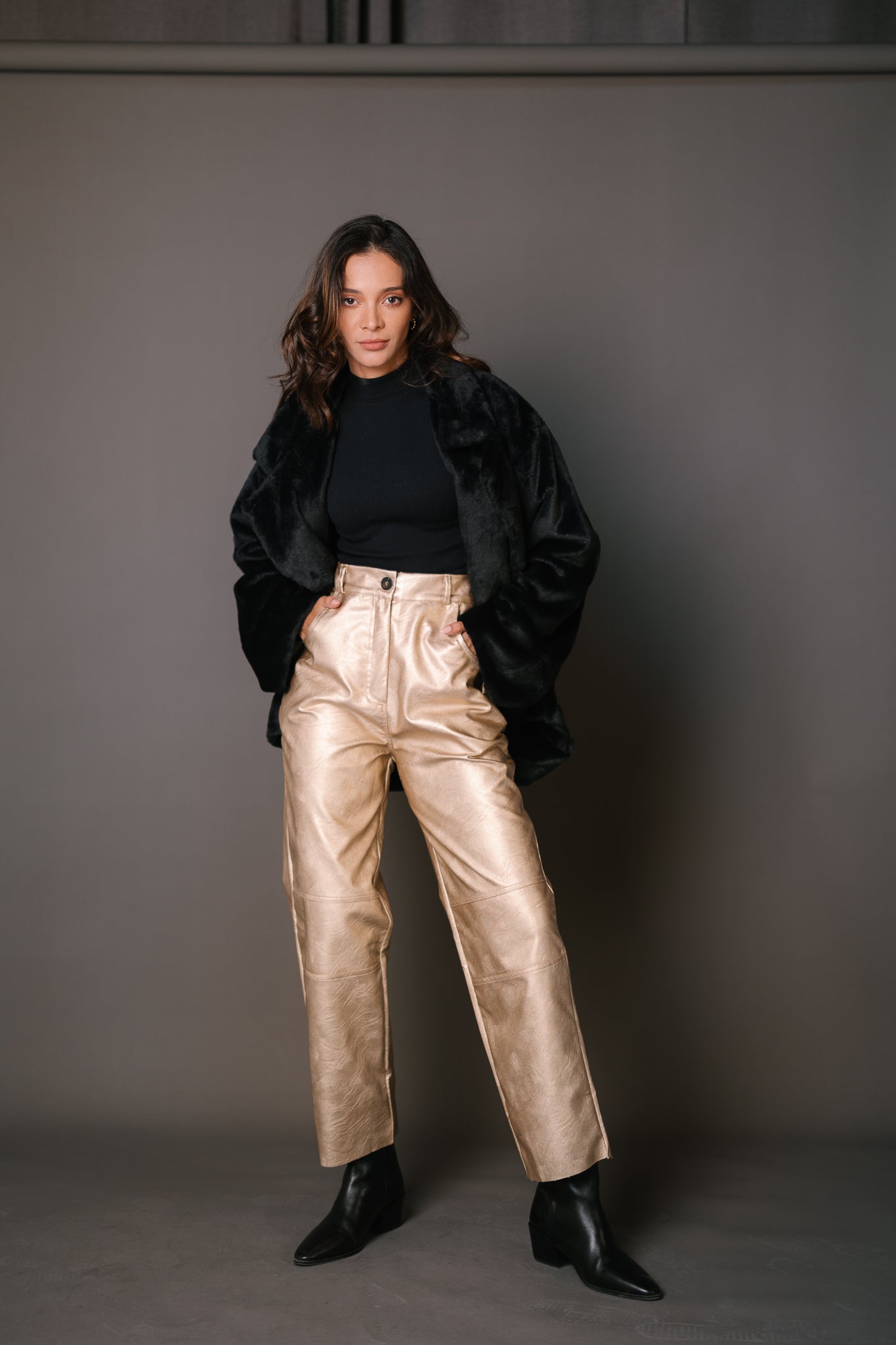 Faux Leather Straight Pants - Gold