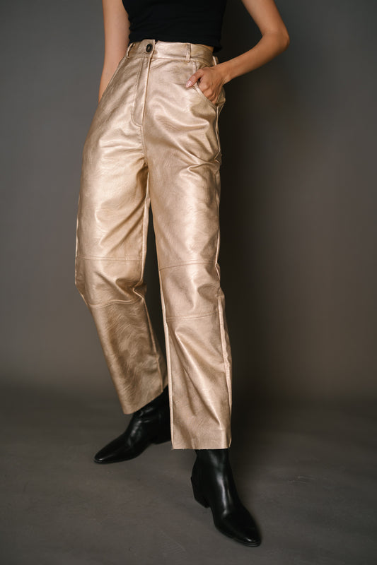 Faux Leather Straight Pants - Gold