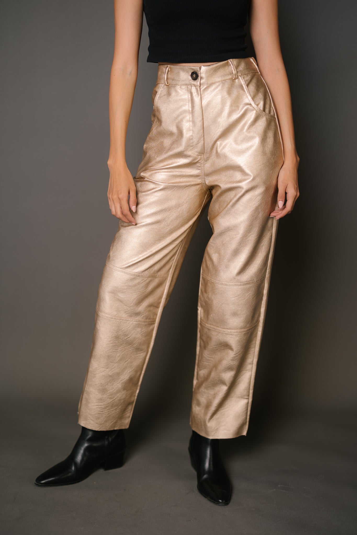 Faux Leather Straight Pants - Gold