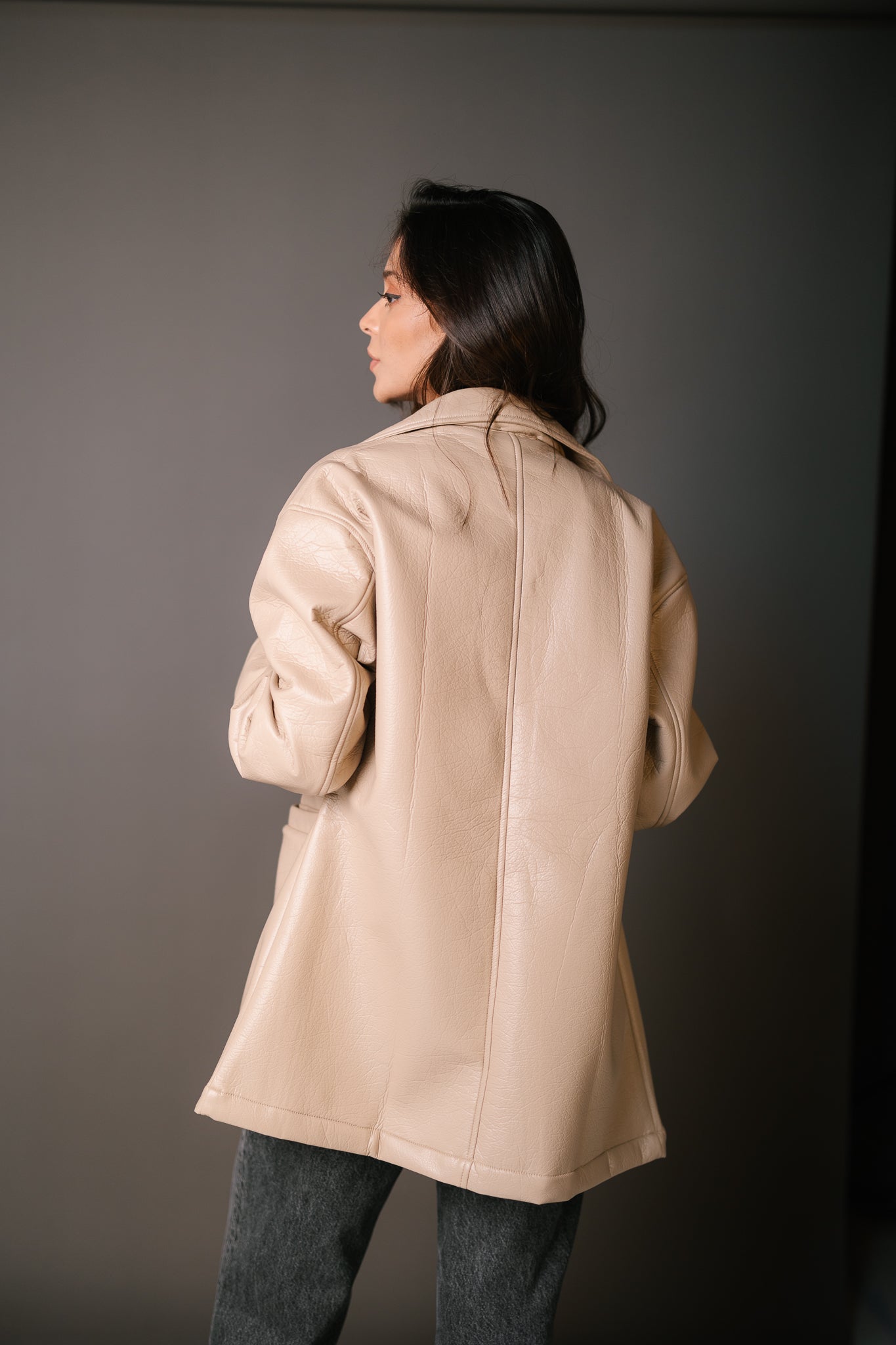 Tailored Leather Blazer - Light Beige