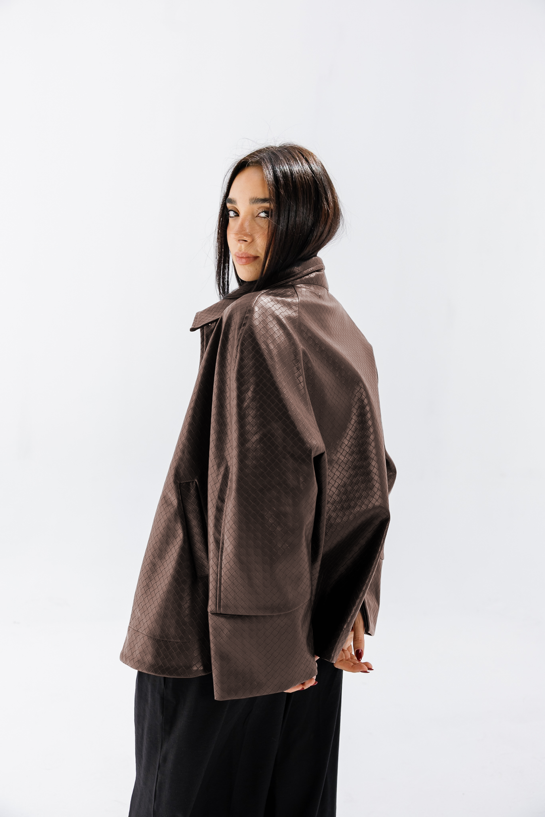 Interlaced Leather Jacket - Brown
