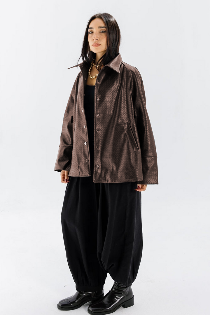 Interlaced Leather Jacket - Brown