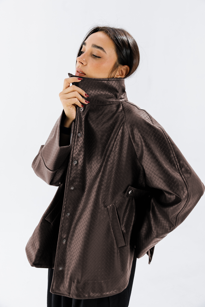 Interlaced Leather Jacket - Brown