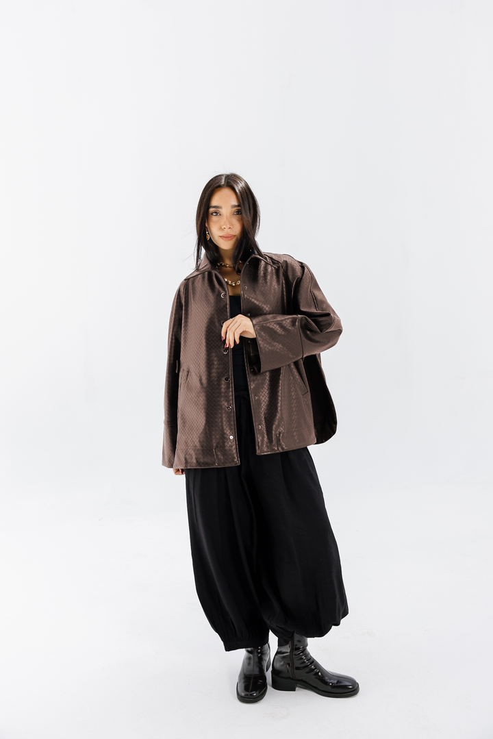Interlaced Leather Jacket - Brown