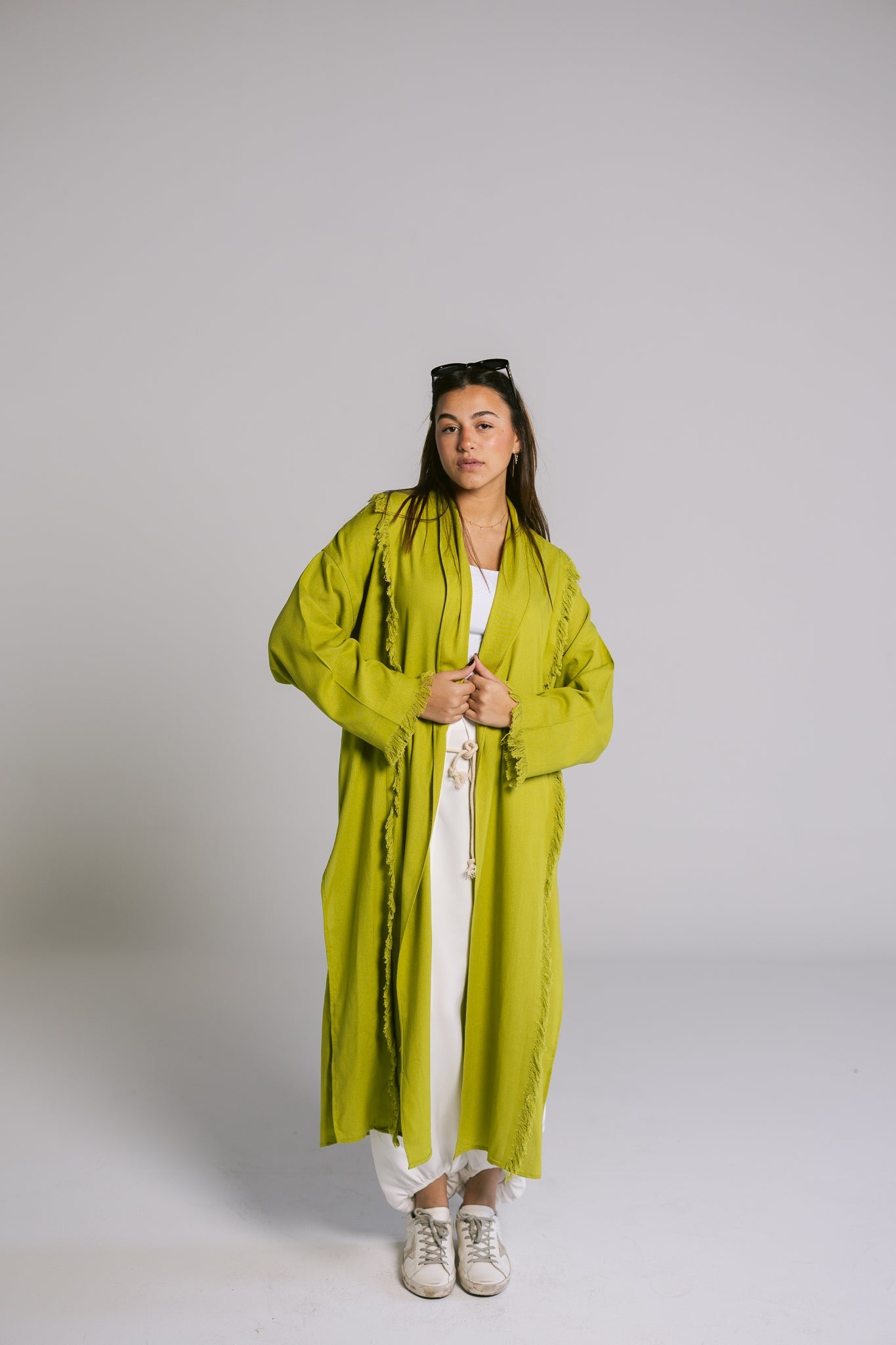 Lined Fringes Kimono - Lime