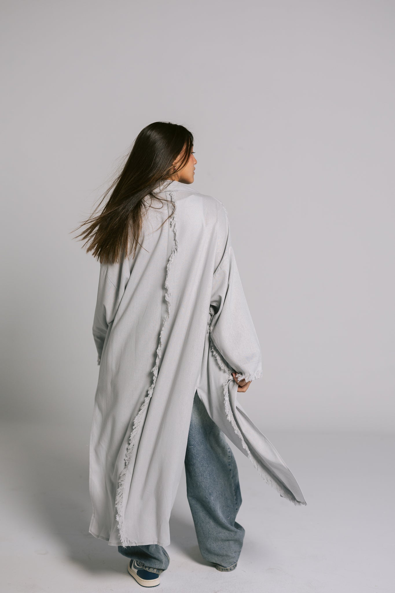 Lined Fringes Kimono - Light Grey