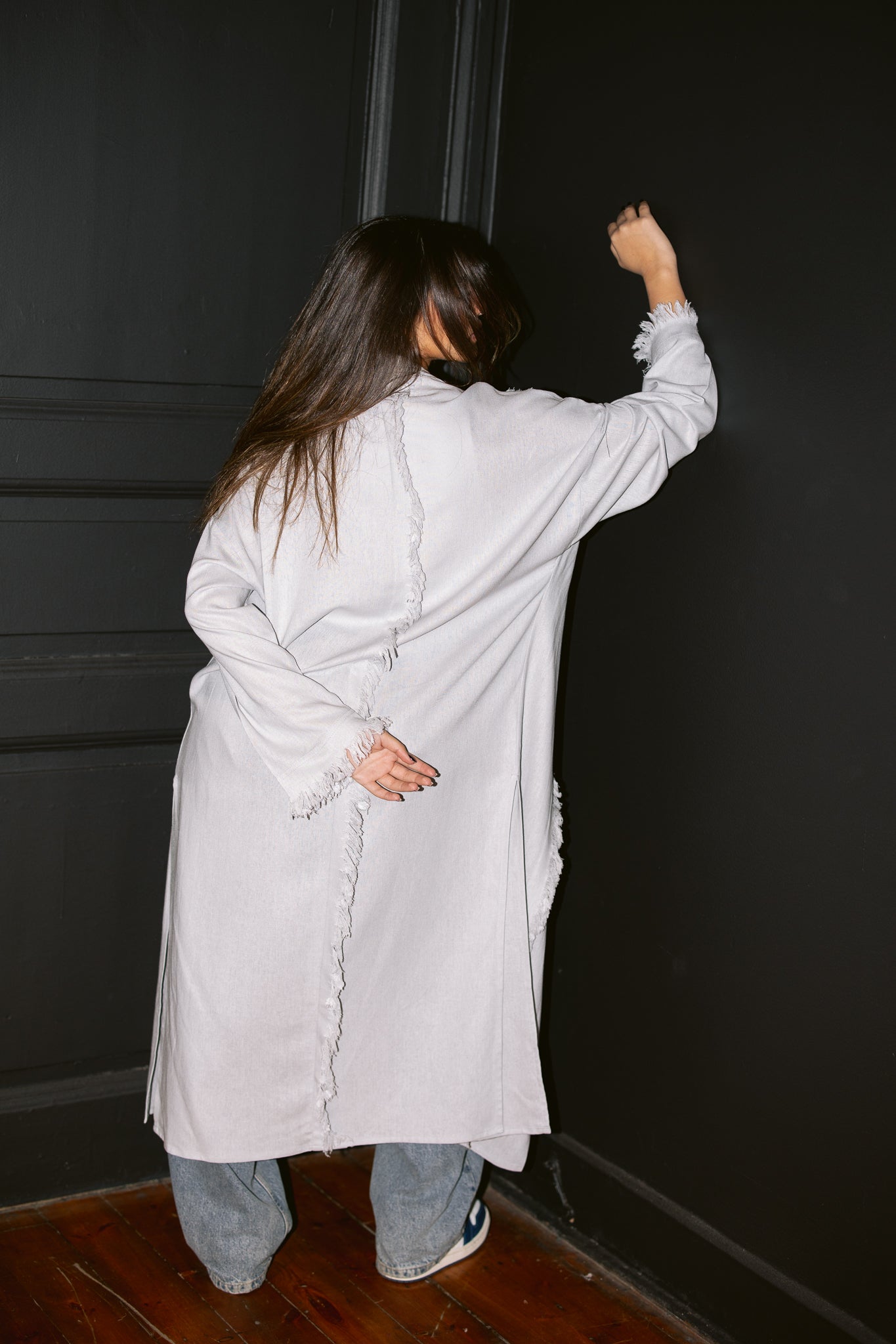 Lined Fringes Kimono - Light Grey