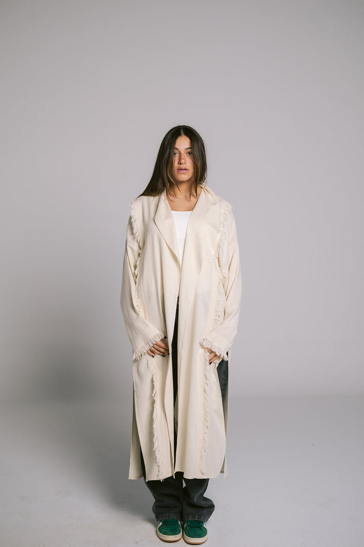 Lined Fringes Kimono - Creme
